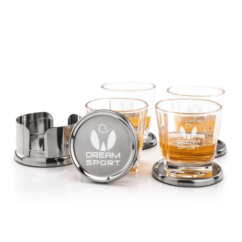 Corporate Recognition Gifts - Etched Barware - Baldoni Coasters & Kansas On-the-Rocks Set