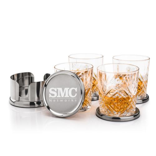 Corporate Recognition Gifts - Etched Barware - Baldoni Coasters & Milford On-the-Rocks Set