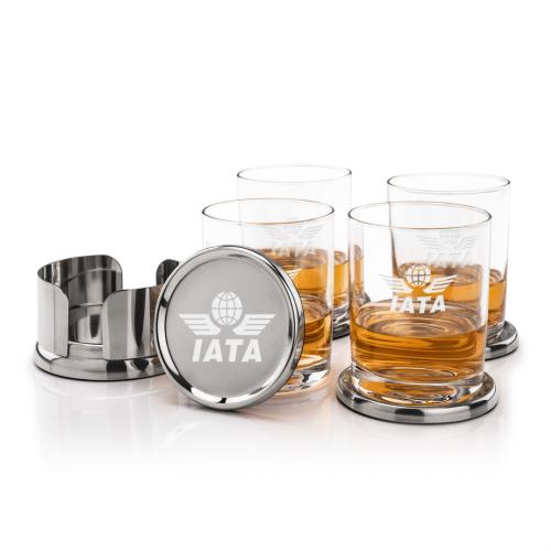 Corporate Recognition Gifts - Etched Barware - Baldoni Coasters & Monterey On-the-Rocks Set