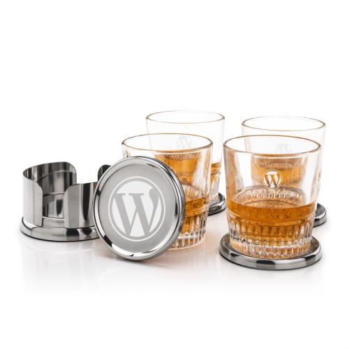 Corporate Recognition Gifts - Etched Barware - Baldoni Coasters & Newkirk On-the-Rocks Set