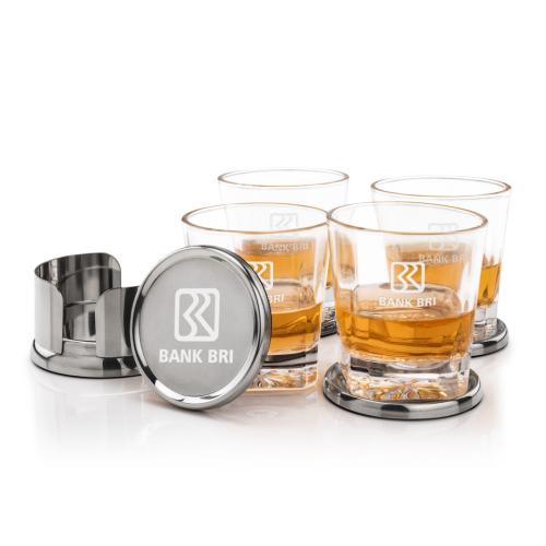 Corporate Recognition Gifts - Etched Barware - Baldoni Coasters & Santana On-the-Rocks Set