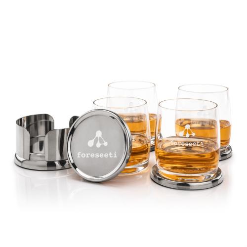 Corporate Recognition Gifts - Etched Barware - Baldoni Coasters & Valemount On-the-Rocks Set