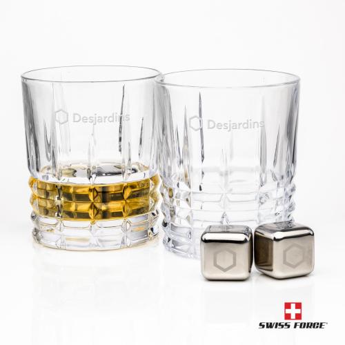 Corporate Recognition Gifts - Etched Barware - Swiss Force&reg; S/S Ice Cubes & 2 Fortino OTR