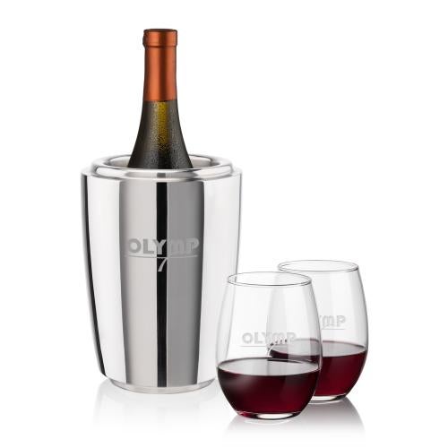 Corporate Recognition Gifts - Etched Barware - Pescara Wine Cooler & Stanford Stemless Wine Set