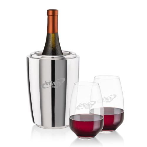 Corporate Recognition Gifts - Etched Barware - Pescara Wine Cooler & Oldham Stemless Wine Set