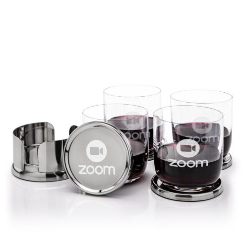 Corporate Recognition Gifts - Etched Barware - Baldoni Coasters & Dunhill Stemless Wine Set