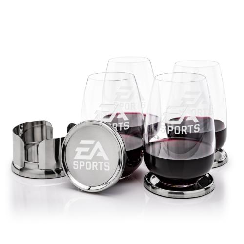 Corporate Recognition Gifts - Etched Barware - Baldoni Coasters & Oldham Stemless Wine Set
