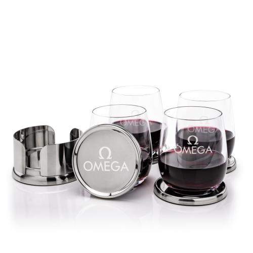 Corporate Recognition Gifts - Etched Barware - Baldoni Coasters & Salem Stemless Wine Set