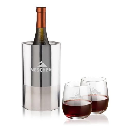 Corporate Recognition Gifts - Etched Barware - Catania Wine Cooler & Crestview Stemless Wine Set