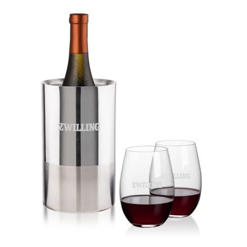 Corporate Recognition Gifts - Etched Barware - Catania Wine Cooler & Laurent Stemless Wine Set