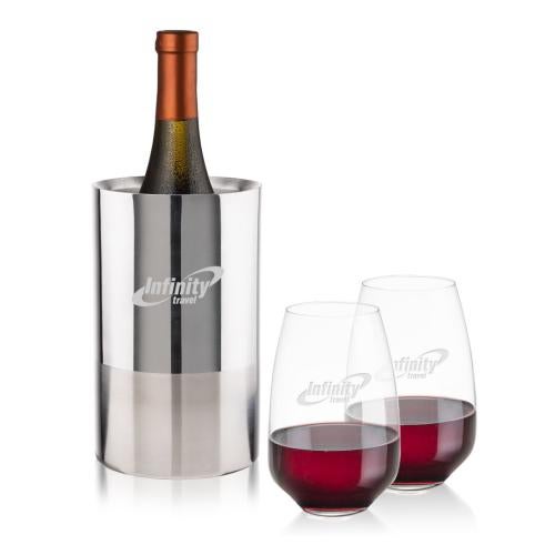 Corporate Recognition Gifts - Etched Barware - Catania Wine Cooler & Oldham Stemless Wine Set