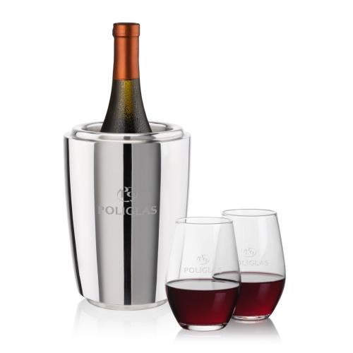 Corporate Recognition Gifts - Etched Barware - Pescara Wine Cooler & Vale Stemless Wine Set