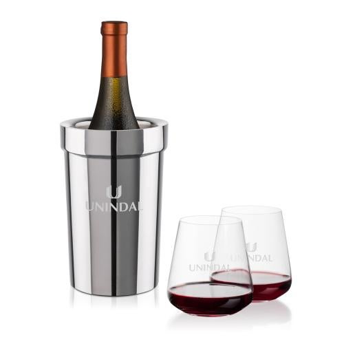 Corporate Recognition Gifts - Etched Barware - Milano Wine Cooler & Breckland Stemless Wine Set