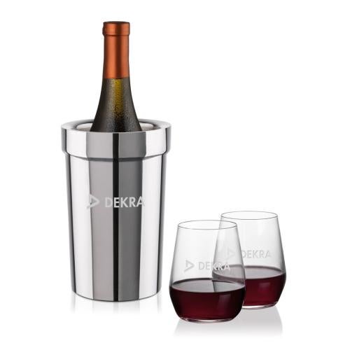 Corporate Recognition Gifts - Etched Barware - Milano Wine Cooler & Germain Stemless Wine Set