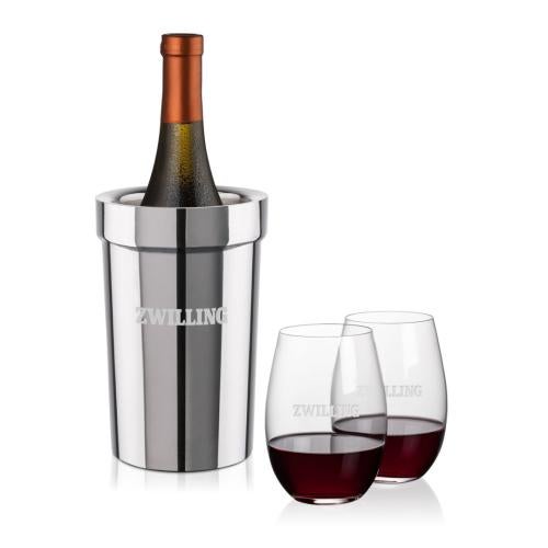 Corporate Recognition Gifts - Etched Barware - Milano Wine Cooler & Laurent Stemless Wine Set