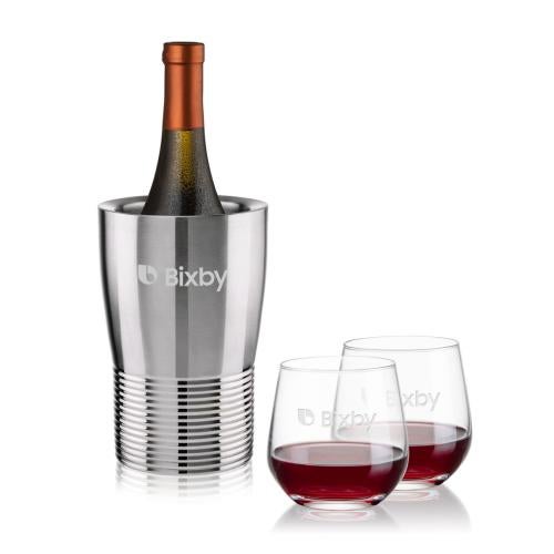 Corporate Recognition Gifts - Etched Barware - Genoa Wine Cooler & Garland Stemless Wine Set