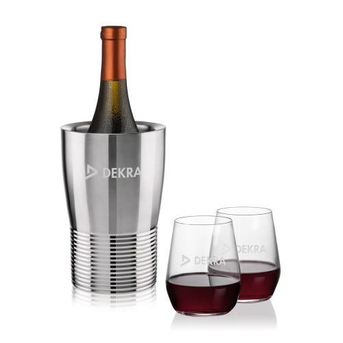 Corporate Recognition Gifts - Etched Barware - Genoa Wine Cooler & Germain Stemless Wine Set
