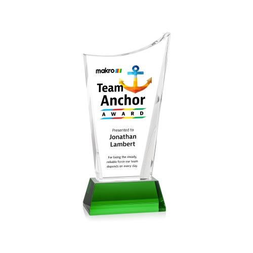 Corporate Awards - Crystal Awards - Burnett Full Color Green on Newhaven Base Peak Crystal Award