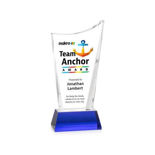 Corporate Awards - Crystal Awards - Burnett Full Color Blue on Newhaven Base Peak Crystal Award