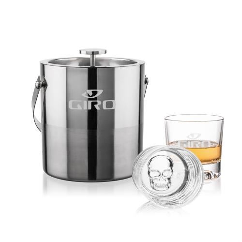 Corporate Recognition Gifts - Etched Barware - Catania Ice Bucket & Delrina Scull On-the-Rocks Set