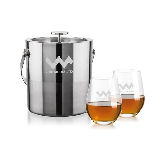 Corporate Recognition Gifts - Etched Barware - Catania Ice Bucket & Graydon On-the-Rocks Set