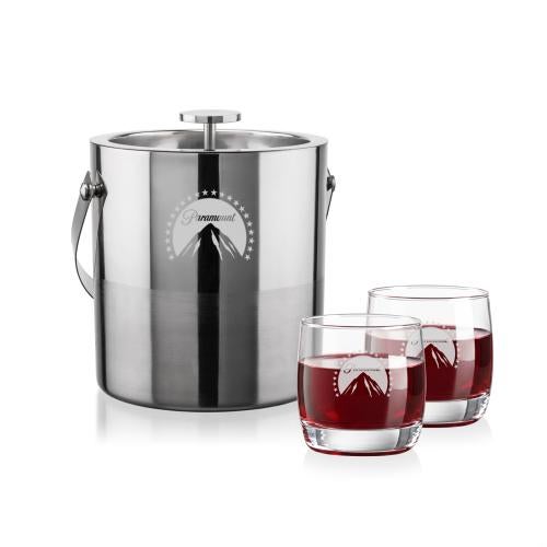 Corporate Recognition Gifts - Etched Barware - Catania Ice Bucket & Nordic On-the-Rocks Set