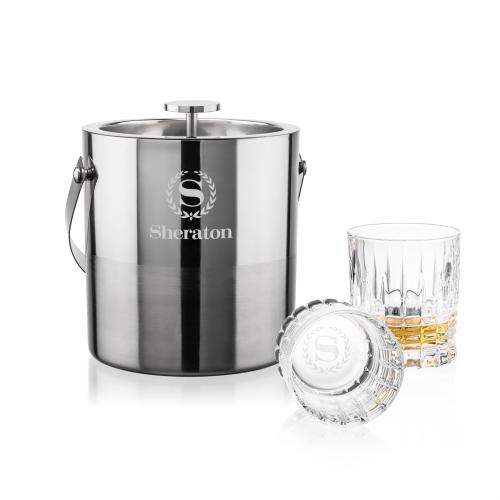 Corporate Recognition Gifts - Etched Barware - Catania Ice Bucket & Princeton On-the-Rocks Set