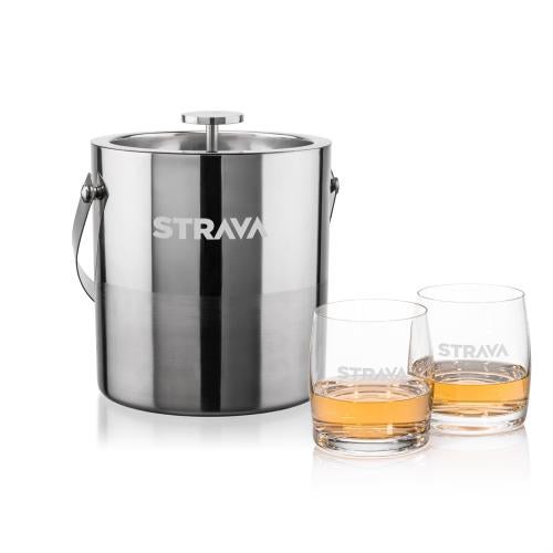Corporate Recognition Gifts - Etched Barware - Catania Ice Bucket & Valemount On-the-Rocks Set