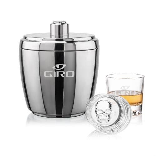 Corporate Recognition Gifts - Etched Barware - Pescara Ice Bucket & Delrina Skull On-the-Rocks Set