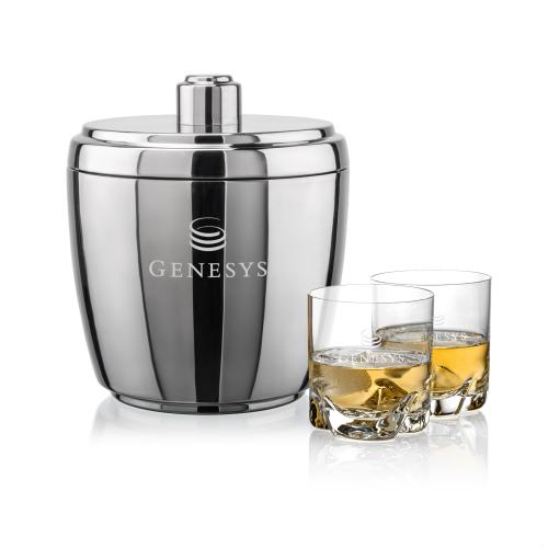 Corporate Recognition Gifts - Etched Barware - Pescara Ice Bucket & Hillcrest On-the-Rocks Set