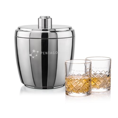 Corporate Recognition Gifts - Etched Barware - Pescara Ice Bucket & Longford On-the-Rocks Set