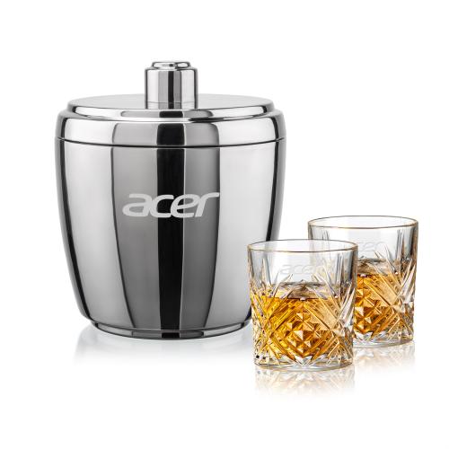 Corporate Recognition Gifts - Etched Barware - Pescara Ice Bucket & Milford On-the-Rocks Set