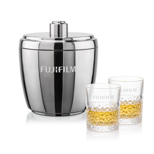 Corporate Recognition Gifts - Etched Barware - Pescara Ice Bucket & Oakham On-the-Rocks Set
