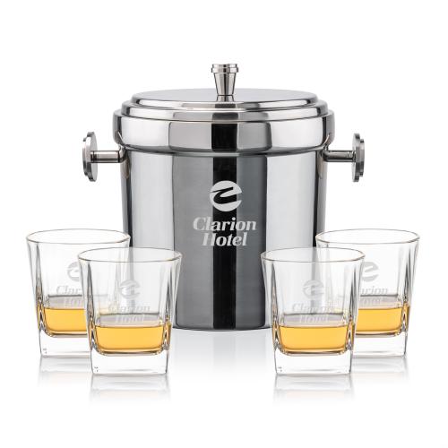 Corporate Recognition Gifts - Etched Barware - Milano Ice Bucket & Arcadia On-the-Rocks Set