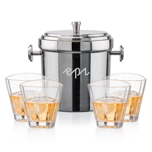 Corporate Recognition Gifts - Etched Barware - Milano Ice Bucket & Arrellano On-the-Rocks Set