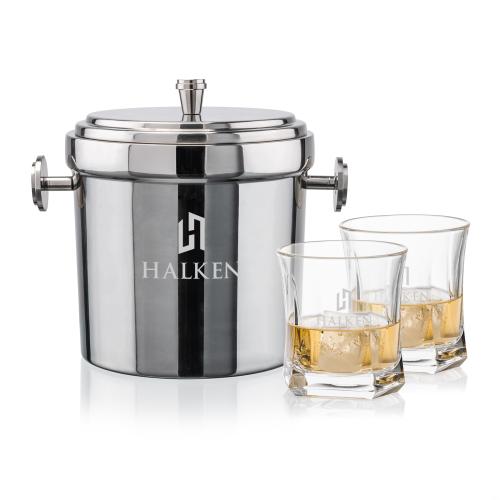 Corporate Recognition Gifts - Etched Barware - Milano Ice Bucket & Avalon On-the-Rocks Set