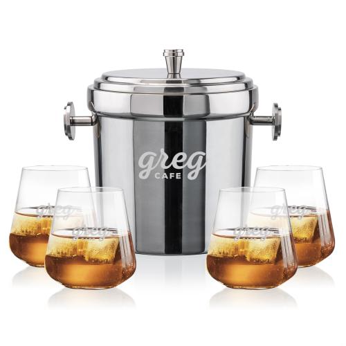 Corporate Recognition Gifts - Etched Barware - Milano Ice Bucket & Breckland On-the-Rocks Set