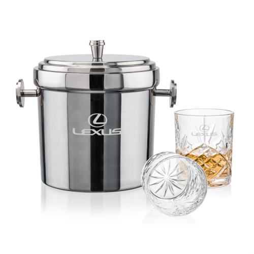 Corporate Recognition Gifts - Etched Barware - Milano Ice Bucket & Brinkley On-the-Rocks Set