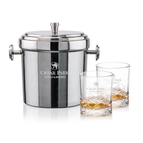 Corporate Recognition Gifts - Etched Barware - Milano Ice Bucket & Brentwood On-the-Rocks Set