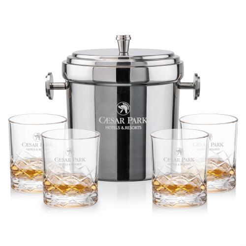 Corporate Recognition Gifts - Etched Barware - Milano Ice Bucket & Brentwood On-the-Rocks Set