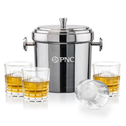 Corporate Recognition Gifts - Etched Barware - Milano Ice Bucket & Fortino On-the-Rocks Set