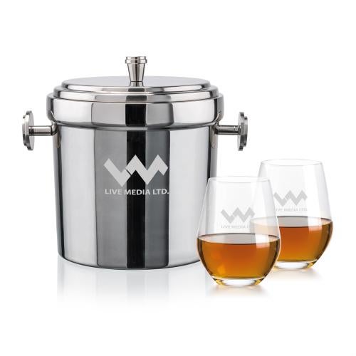 Corporate Recognition Gifts - Etched Barware - Milano Ice Bucket & Graydon On-the-Rocks Set