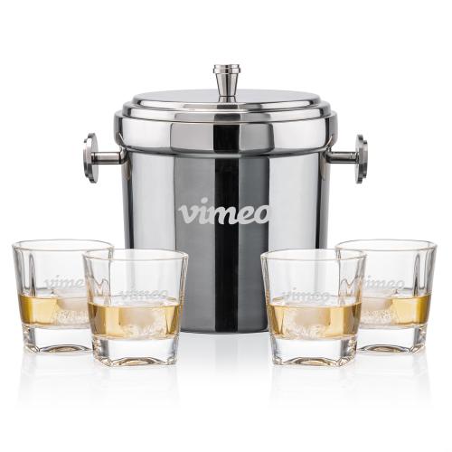 Corporate Recognition Gifts - Etched Barware - Milano Ice Bucket & Kansas On-the-Rocks Set