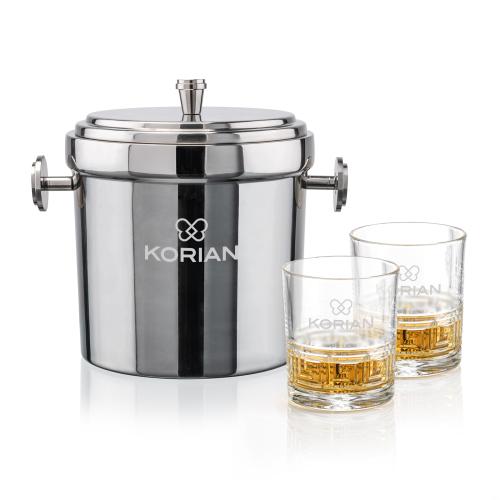 Corporate Recognition Gifts - Etched Barware - Milano Ice Bucket & Libretto On-the-Rocks Set
