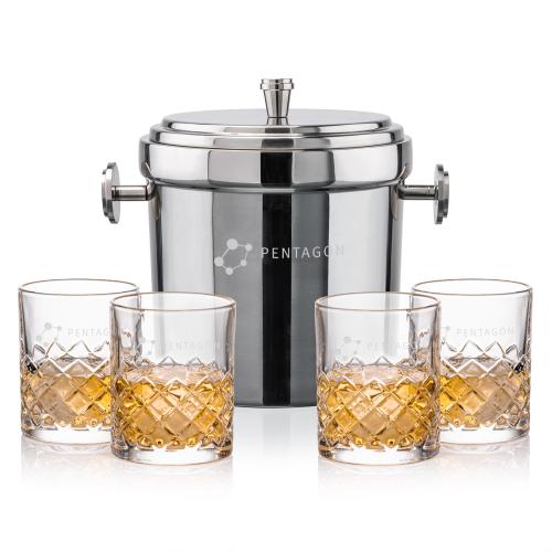 Corporate Recognition Gifts - Etched Barware - Milano Ice Bucket & Longford On-the-Rocks Set