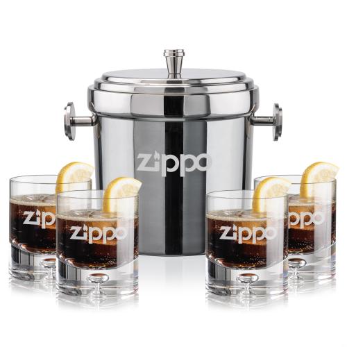 Corporate Recognition Gifts - Etched Barware - Milano Ice Bucket & Montana On-the-Rocks Set