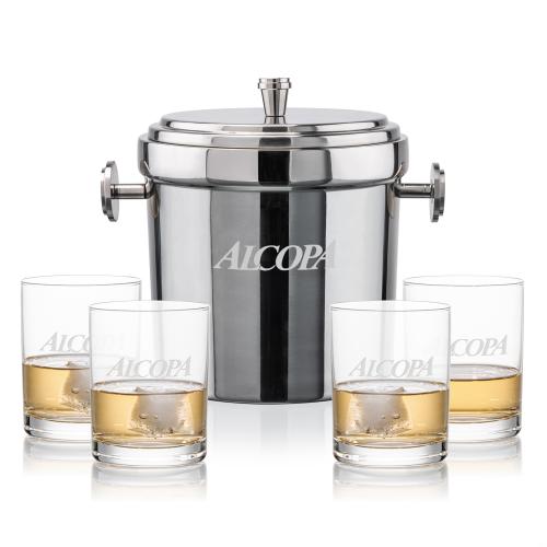 Corporate Recognition Gifts - Etched Barware - Milano Ice Bucket & Monterey On-the-Rocks Set