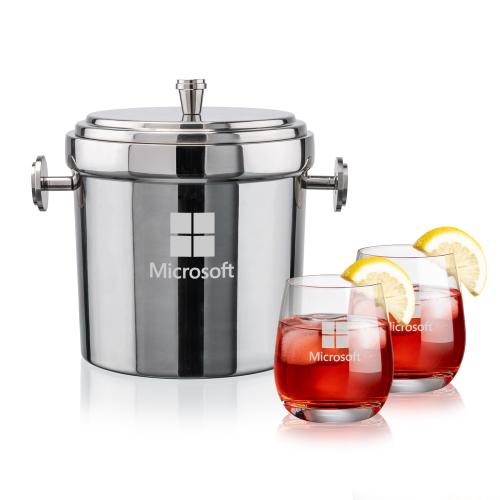 Corporate Recognition Gifts - Etched Barware - Milano Ice Bucket & Salem On-the-Rocks Set