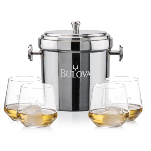 Corporate Recognition Gifts - Etched Barware - Milano Ice Bucket & Tucson On-the-Rocks Set