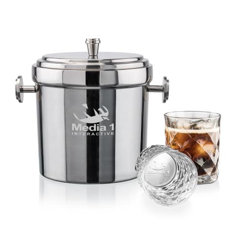 Corporate Recognition Gifts - Etched Barware - Milano Ice Bucket & Woodward On-the-Rocks Set